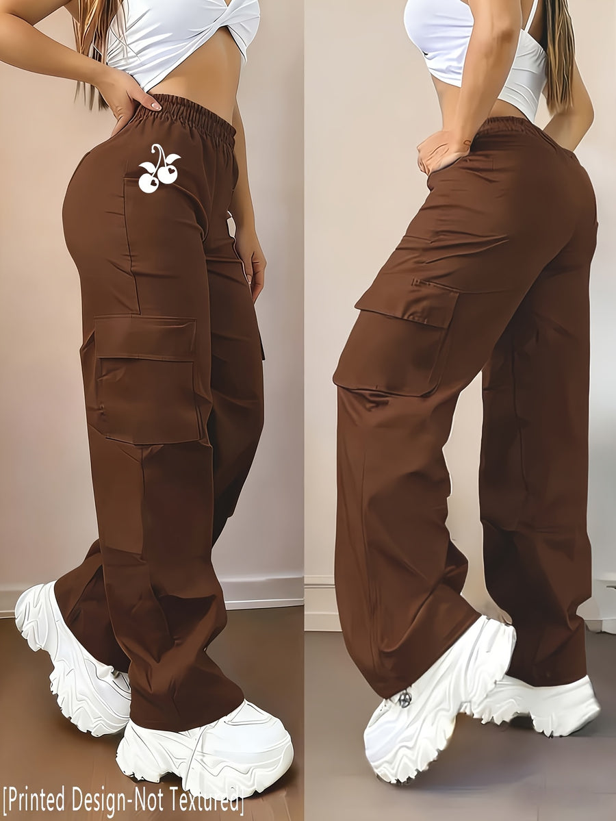 Women's Casual Trousers with a Creative Heart and Cherry Print Design, Fashionable Cargo Pants - D355-WHY2075 - Brown