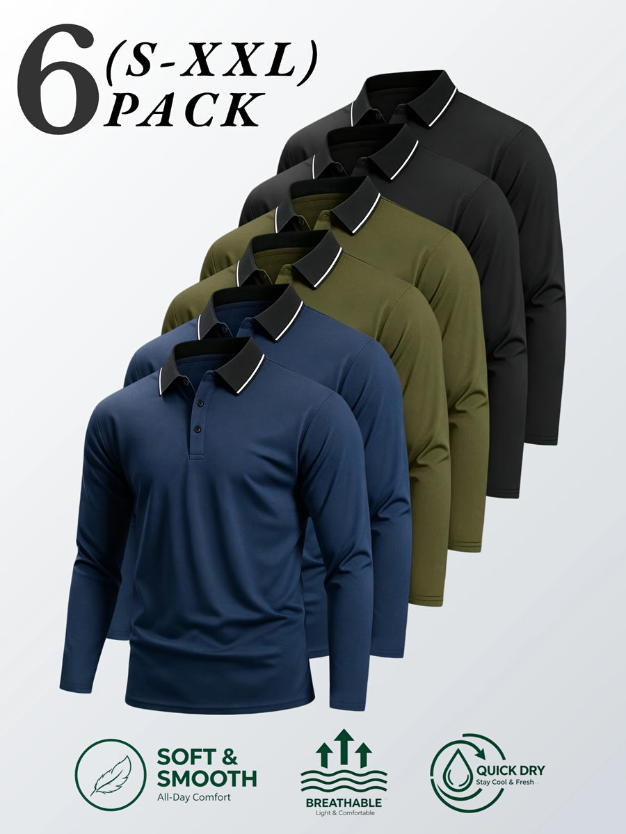 6pcs/Set Striped Lapel Long Sleeve Casual Sports Mesh Quick-Dry Breathable Comfortable POLO Shirt Basic Solid Color - Navy Blue 2+Green 2+Black 2