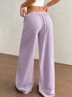 Women's Solid Color Wide-Leg Trousers - Elastic Waist Straight-Leg Pants with Adjustable Drawstring, Lightweight Loose Wide Pants Suitable for Spring Summer Fall, Casual Office Wear, Machine Washable Wide Leg Pants for Blouses - Light Purple