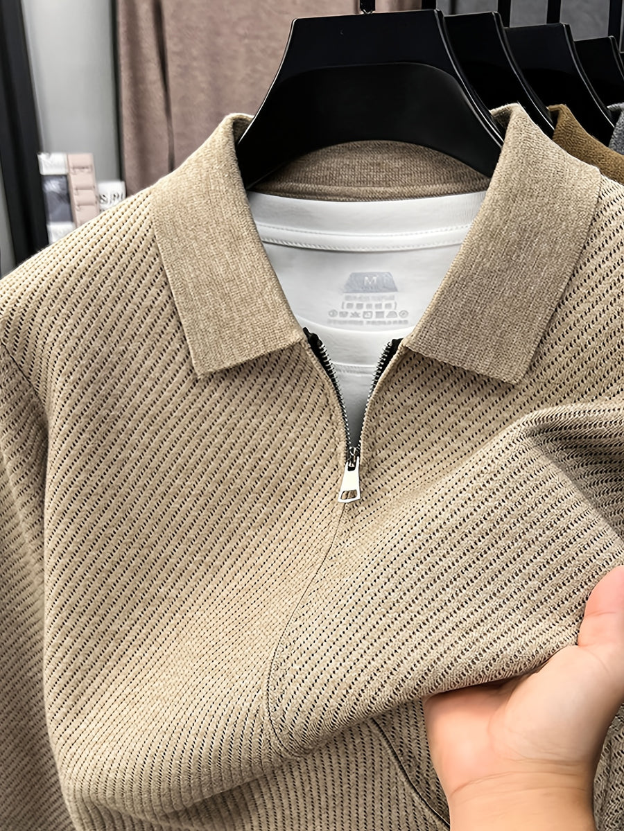Men's Lapel Zipper Twill Knit Cardigan, Featuring a Classic Small Lapel Structure That Distinguishes It from Ordinary Crewneck Sweaters, Exuding a Sharp and Capable Business Aesthetic - SINBOS - Apricot