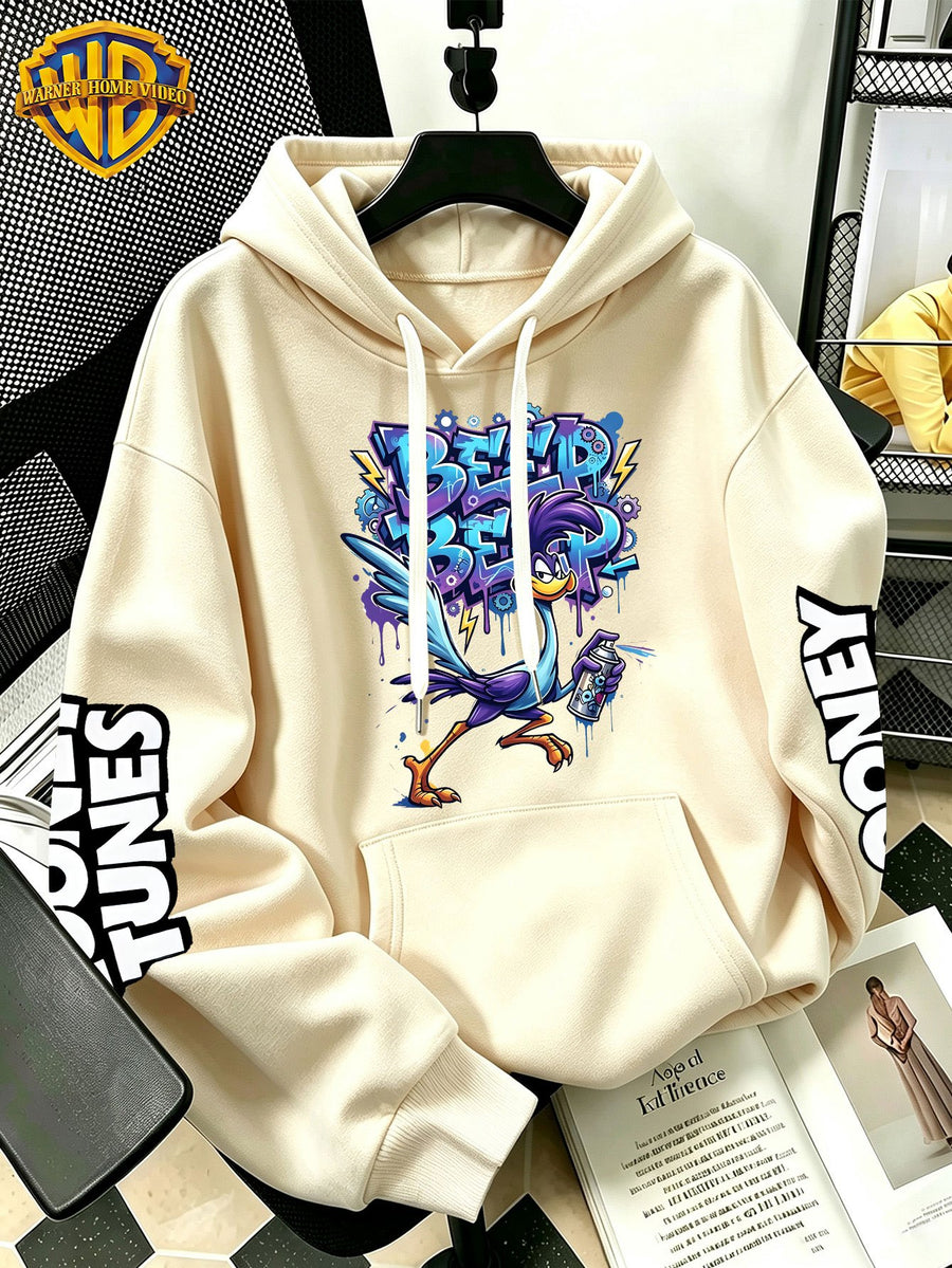 WB Warner Bros Official Men's & Women's Cyber Graffiti Runaway Bird Hoodie - Iconic WB Print Sweatshirt, Adjustable Hood, Loose Fit Warm Pullover for Fall/Winter, Machine Washable Suitable for Daily Wear & Outdoor Sports - Apricot