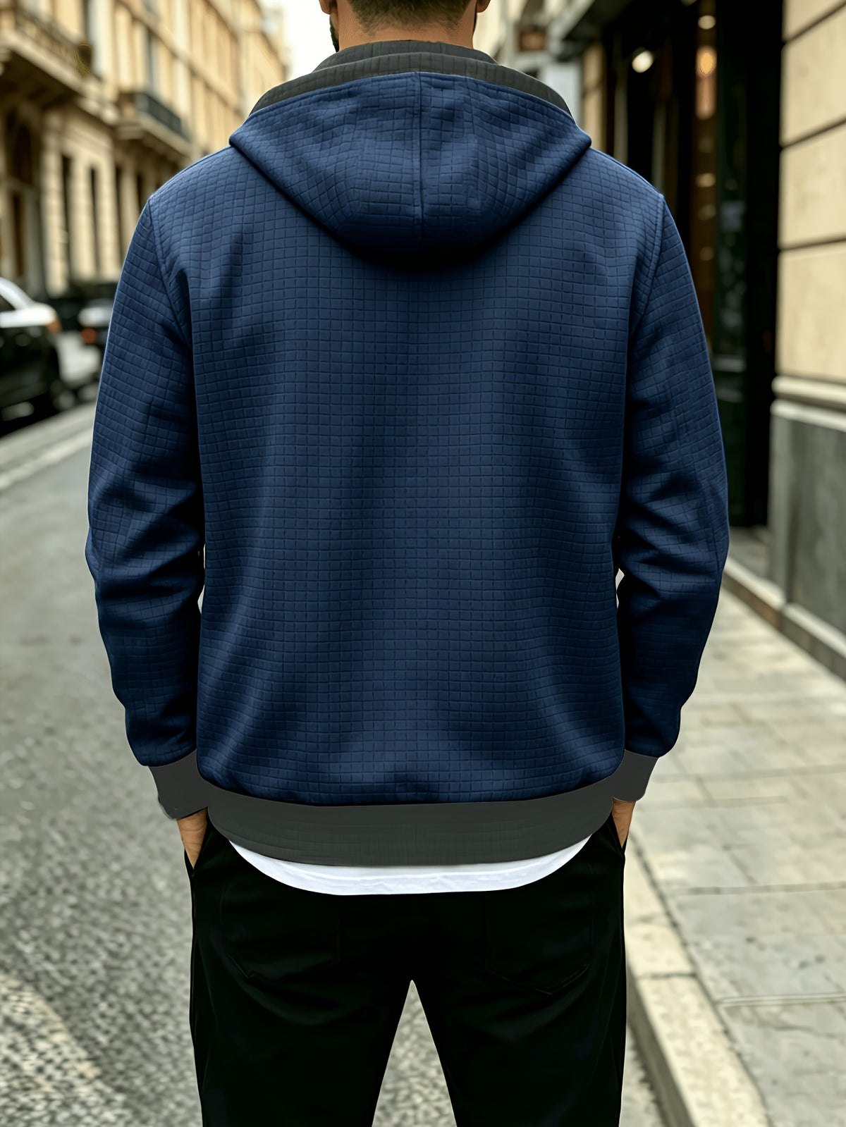 Men'S Fashion Hooded Color-Block Waffle Jacket, Zipper with Drawstring Coat, Suitable for Daily Commute, Outdoor Casual Sports Jacket - Navy