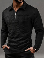 Men's Fashion Top, Autumn/Winter Outdoor Casual Randomly Cut Wheat Ear Texture Fabric, Solid Color Lapel Zipper Patch Long Sleeve Men's Polo Shirt - Black