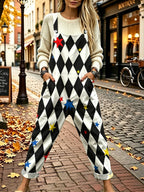 Women'S Black And White Diamond Pattern Overalls with Colorful Star Print, Y2K Retro Style, Loose Fit, Large Pockets, Casual Jumpsuit - Mixed colors