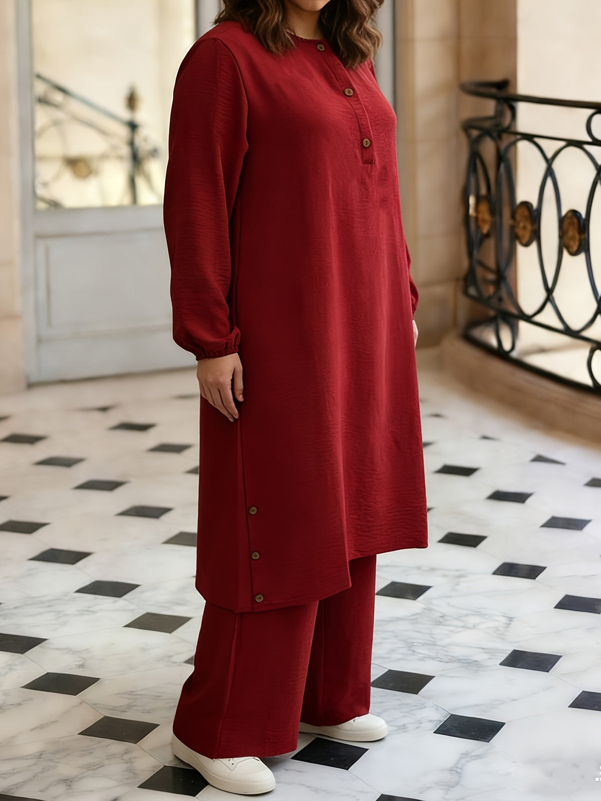 Eid Elegant Muslim 2pcs Jilbab/Abayas Set | Wooden Button Abaya with Wide-Leg PantsDaily Modest Wear - Burgundy