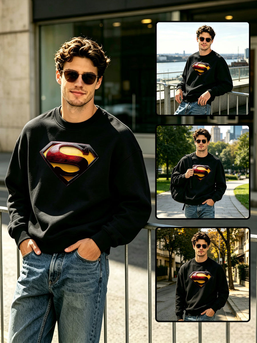Single Pc, Unisex, Loose Fit, "Superman S Shield Logo, Metallic 3D Embossed Texture, Red Black Yellow Contrast, Sharp Edges, Centered Placement" Print, Solid Color 100% Polyester Round Neck Sweatshirt, Casual Street Commute - Black