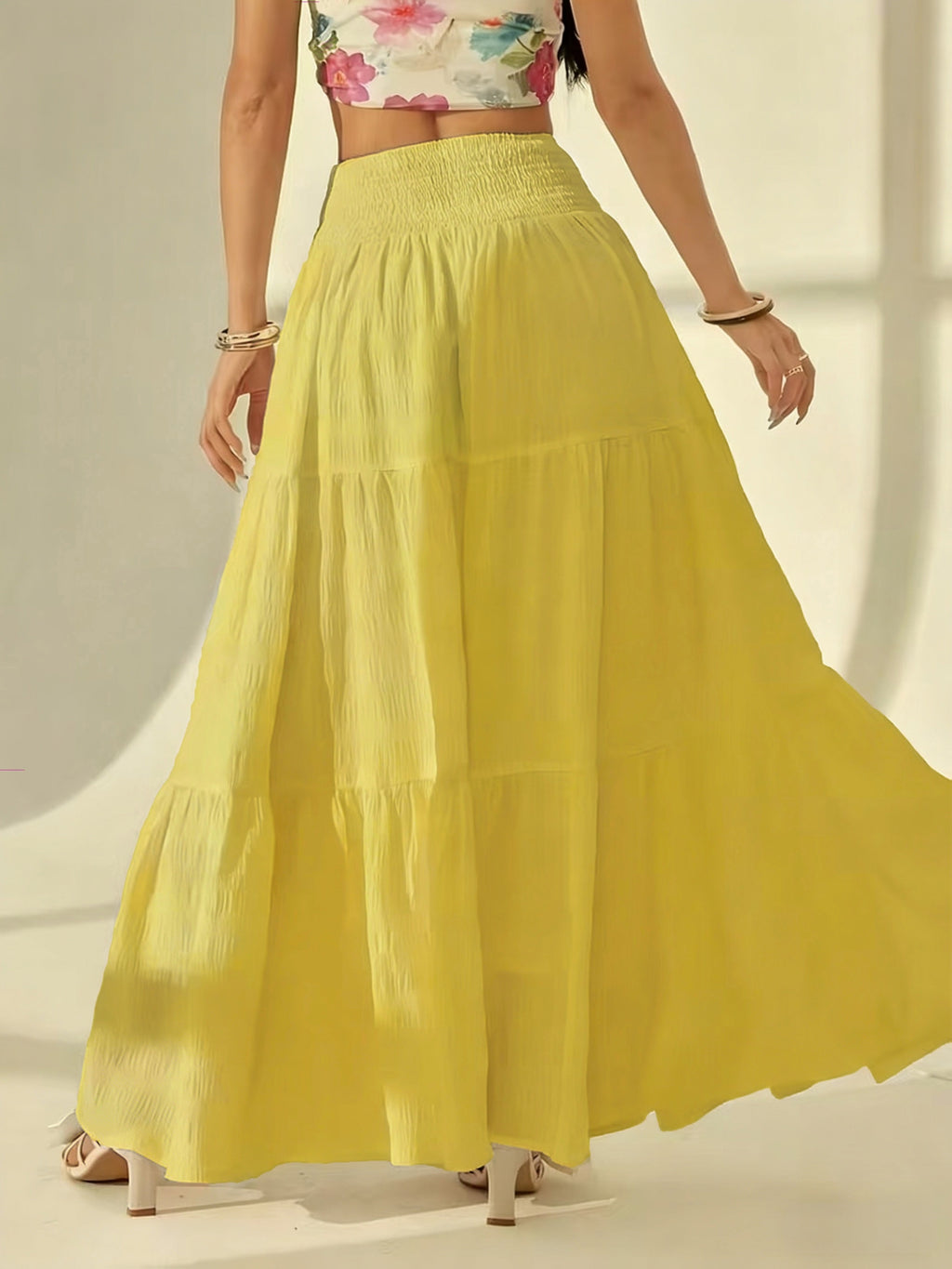 Bohemian Tiered Maxi Skirt, High-Waist Smocked A-Line Flowy Long Skirt, Casual Loose Pleated Solid Color Skirt for Beach Vacation Daily Wear, Women'S Fashion - Off-white