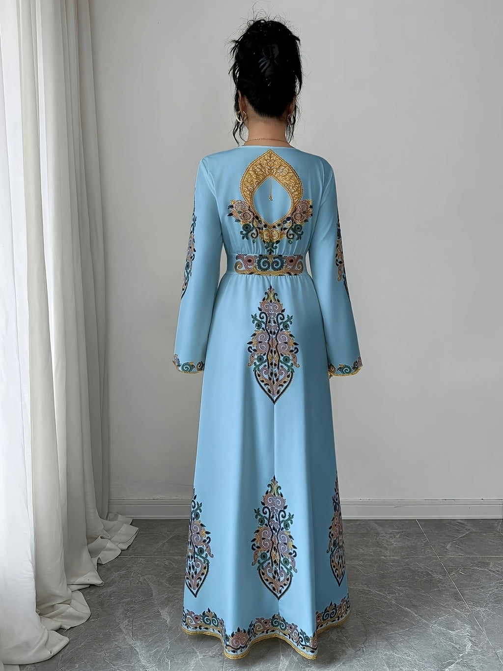 Women'S Summer Autumn Bride, Retro Elegant Dignified Wedding Non- Bohemian Middle Eastern, Printed Design, V-Neck Long Sleeve Batwing Sleeve Loose Flowing Long Wrap Dress, Golden Contrast Design Court Style Dress Suitable for Vacation, Party - Sky Blue
