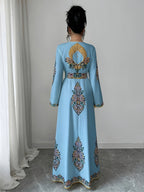 Women'S Summer Autumn Bride, Retro Elegant Dignified Wedding Non- Bohemian Middle Eastern, Printed Design, V-Neck Long Sleeve Batwing Sleeve Loose Flowing Long Wrap Dress, Golden Contrast Design Court Style Dress Suitable for Vacation, Party - Sky Blue