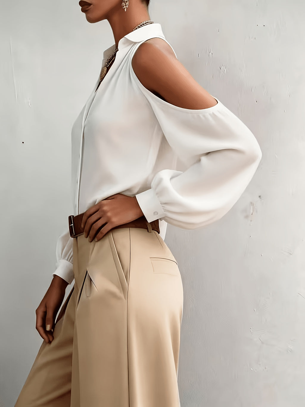 Women's Elegant Top, Summer Off-Shoulder Solid Color Blouse, for Commuting, Dating, and Daily Versatile Wear, with Lapel Collar and Buttons, Solid Color Long Sleeve Shirt ASD1 - White