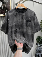 Textured Short Sleeve T-Shirt Black TUNNEL Letter Print Casual Street Style - Black