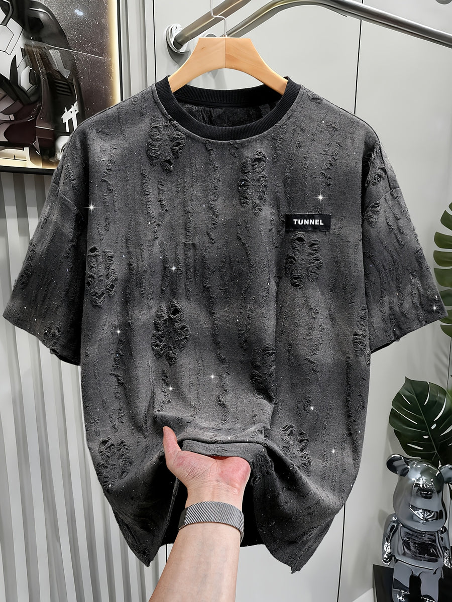Textured Short Sleeve T-Shirt Black TUNNEL Letter Print Casual Street Style - Black