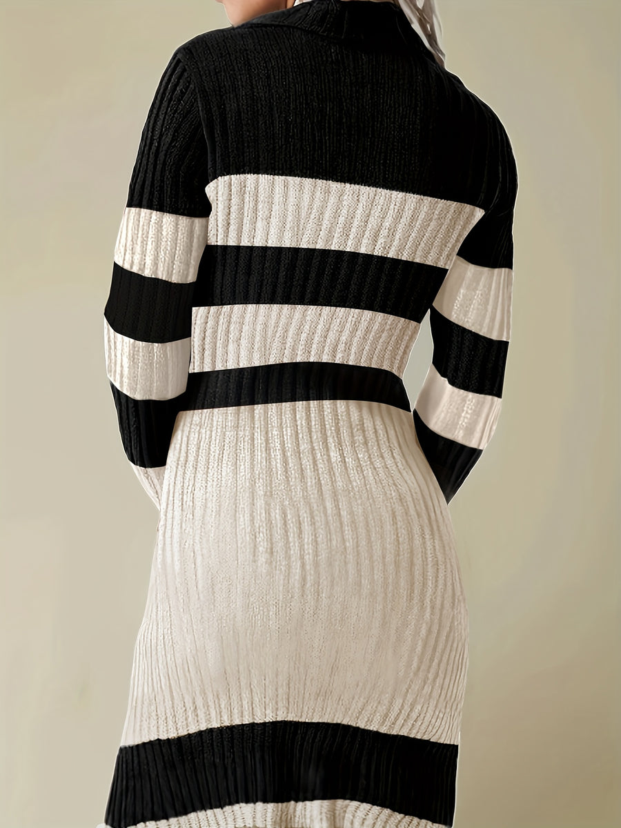 French-Style Elegant High Neck Striped Color-Block Dress for Women, Designer Over-the-Knee Slim-Fit Base Layer Hip-Hugging Skirt - Apricot