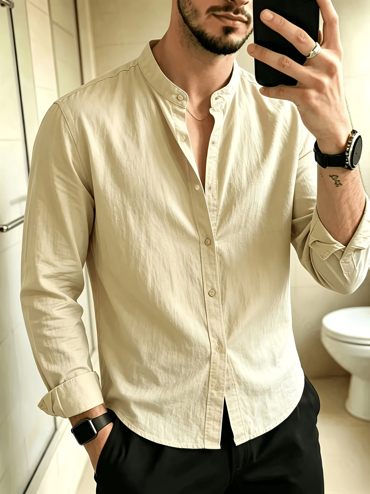 New Men'S Street Style Stand Collar Long Sleeve Shirts, Loose Fit Casual Blouse, Breathable Versatile Outer Tops for Men Fall Daily Street Going Out Wear - Khaki