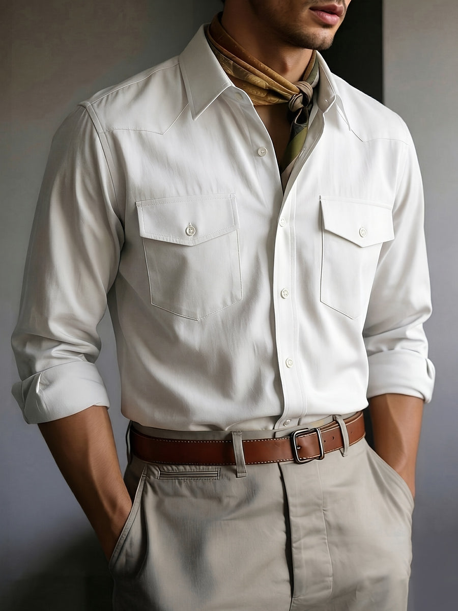 Men's Solid Color Button- Shirt with Double Pocket Collar - Machine Washable Long Sleeve Work Shirt Suitable for Business Casual, Commuting & Office Wear, Button-Front Collar Top for Spring/Autumn Layering (Adult Gift), father's day - White