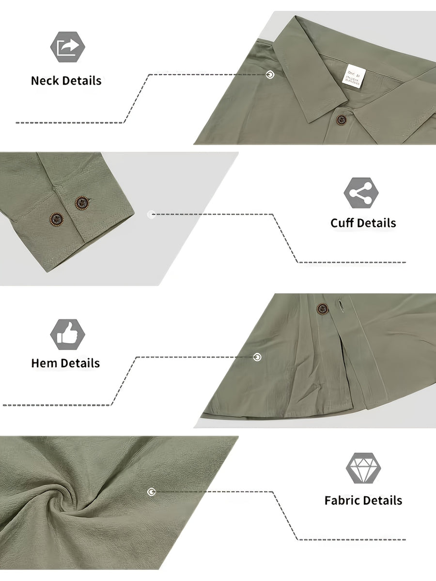 Spring/Autumn Men'S Henley Shirt Linen Long Sleeve, Comfortable And Breathable Fabric, Suitable for Daily Outings, Outdoor Sports, Travel, And Vacation, Lightweight And Breathable Regular Fit with Chest Pocket And Buttoned Cuffs, Ideal for Beach - fern green