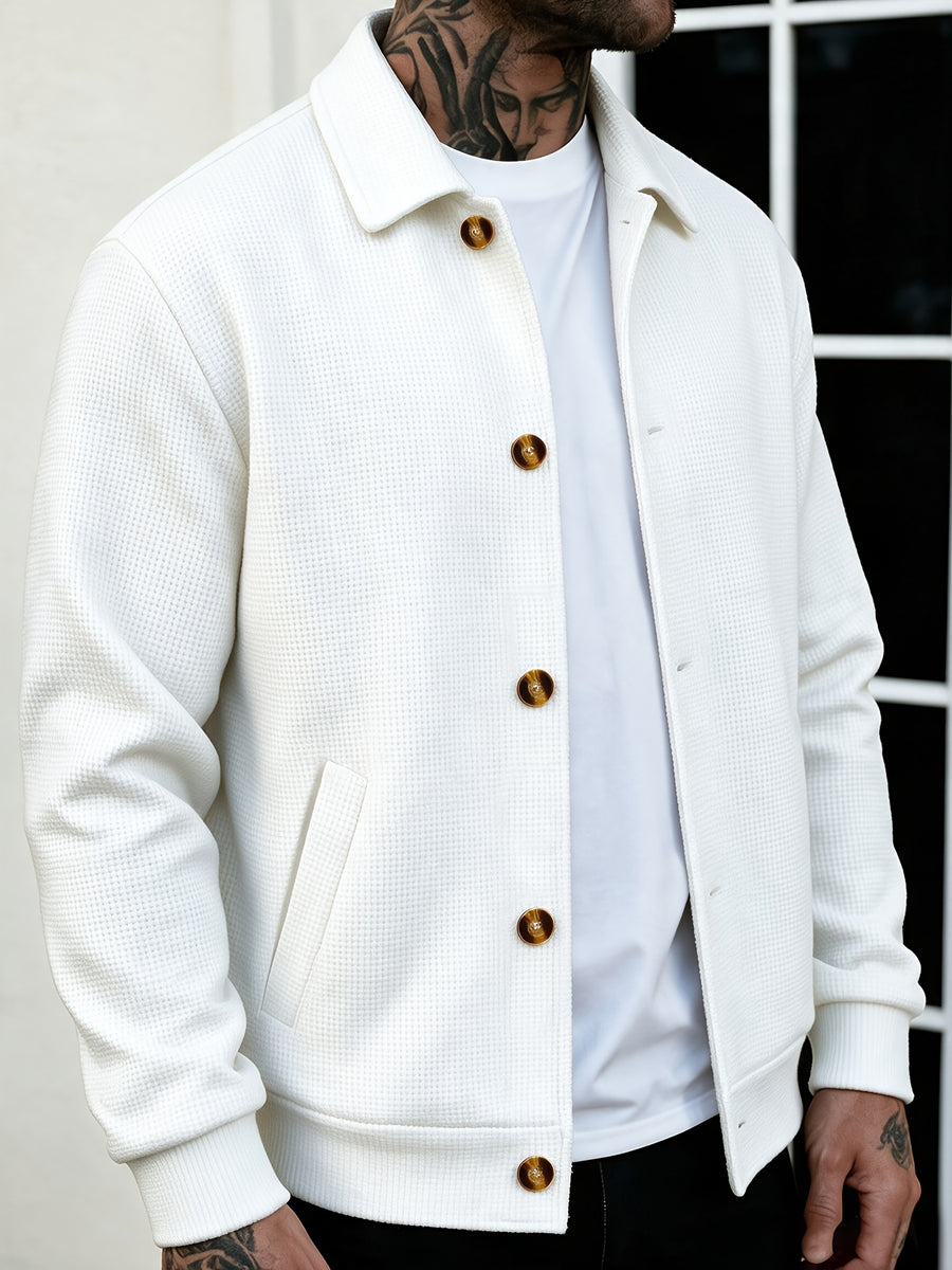 Men's Waffle Check Lapel Shirt-Style Jacket, Lightly Mature Minimalist Style, Checkered Waffle Fabric, Single-Breasted Closure, Side Seam Pockets, Versatile Casual Top Jacket for Men's Spring/Autumn Shopping and Dating Winter Clothes for Men - White