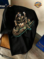 Warner Bros. Official Licensed Men'S Short Sleeve T-Shirt, DC Genuine Mechanical Gear Joker JOKER Print Design, Double-Sided Retro Industrial Style Print, American Retro Streetwear Trendy Style, Spring/Summer Top, Regular Fit, Suitable for Outdoor - Black
