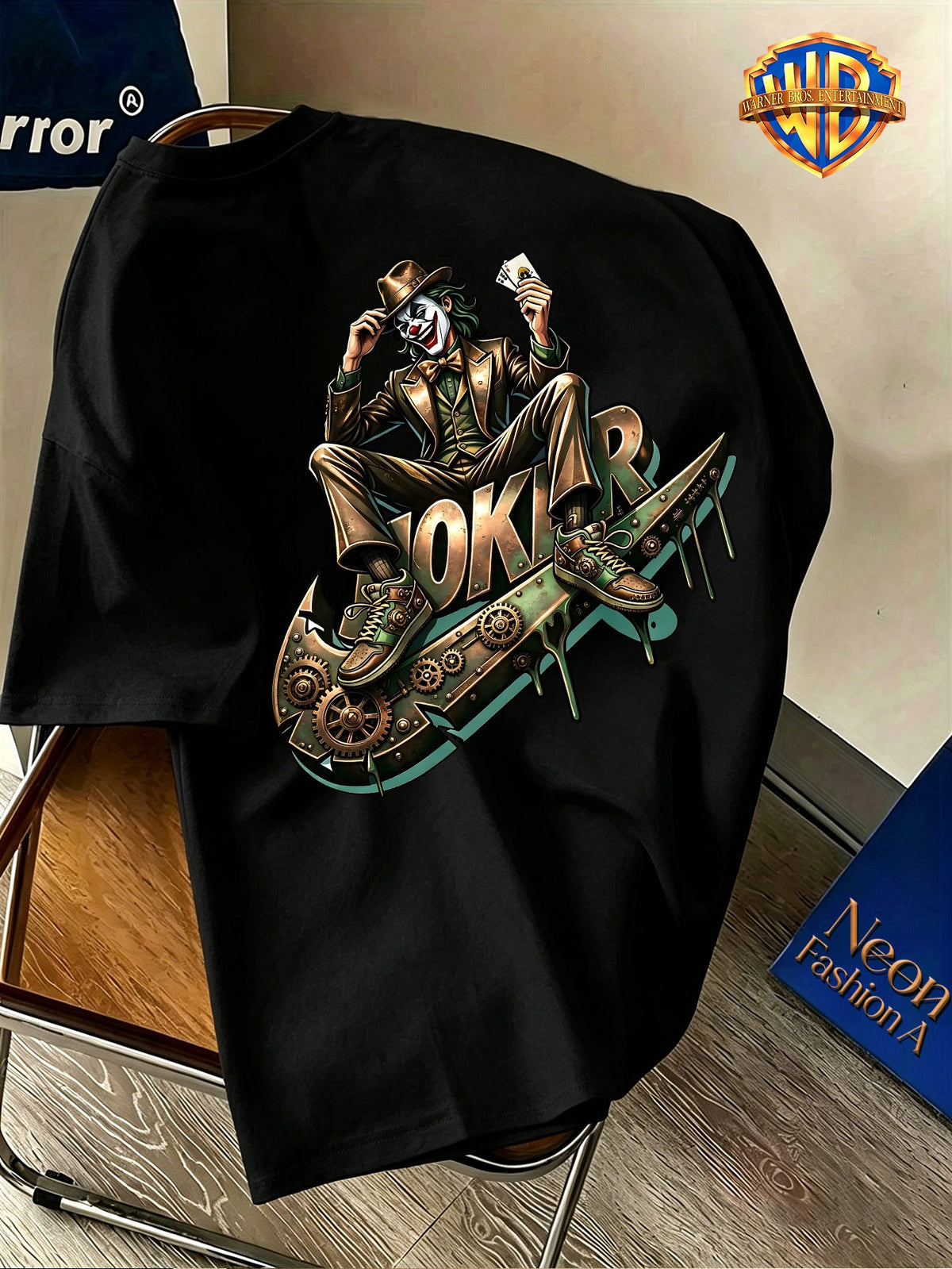 Warner Bros. Official Licensed Men'S Short Sleeve T-Shirt, DC Genuine Mechanical Gear Joker JOKER Print Design, Double-Sided Retro Industrial Style Print, American Retro Streetwear Trendy Style, Spring/Summer Top, Regular Fit, Suitable for Outdoor - Black