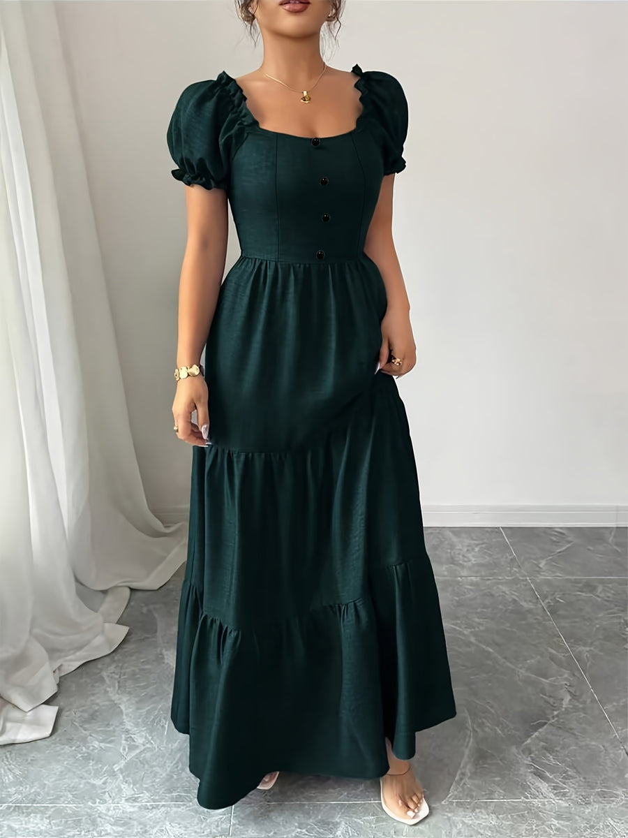 Elegant, Exquisite And Fashionable Square Neck Puff Sleeve Dress, Women'S Bridesmaid Dress - Dark Green