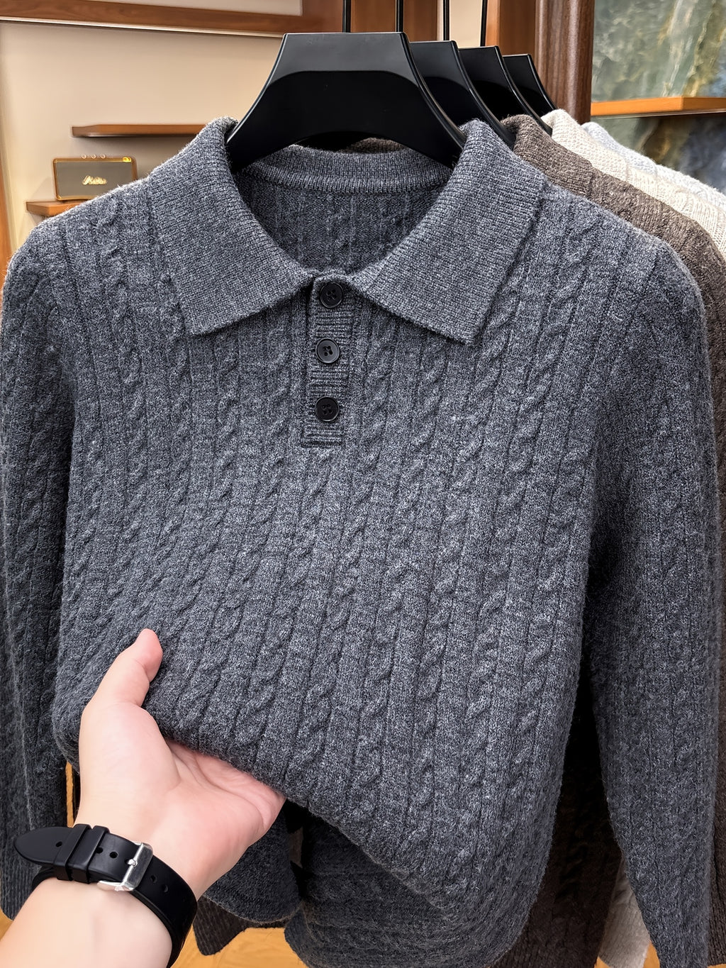 Men's Lapel-neck Autumn/winter Warm Sweater, Classic Cable Knit Texture with Soft, Skin-friendly Fabric, Casual and Fashionable Everyday Knitwear - Dark Gray