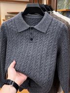 Men's Lapel-neck Autumn/winter Warm Sweater, Classic Cable Knit Texture with Soft, Skin-friendly Fabric, Casual and Fashionable Everyday Knitwear - Dark Gray