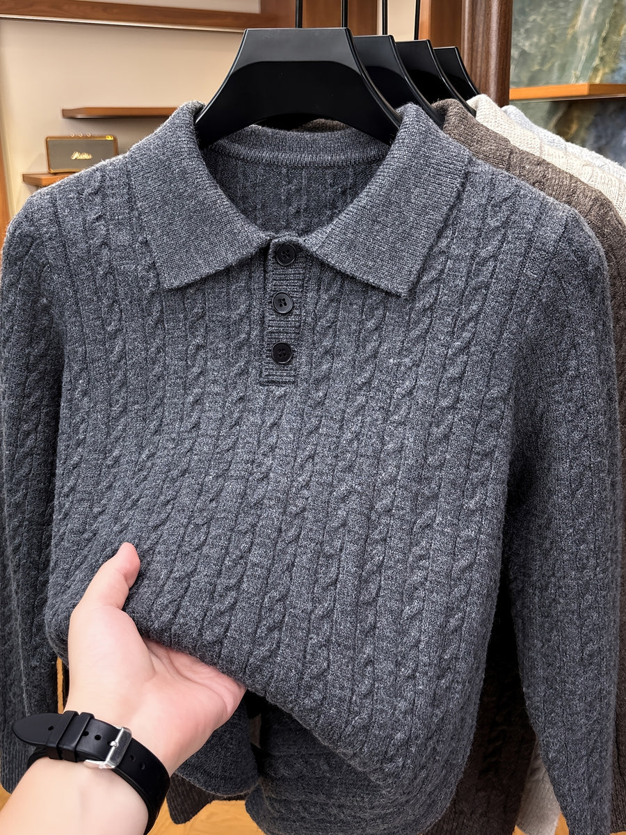 Men's Lapel-neck Autumn/winter Warm Sweater, Classic Cable Knit Texture with Soft, Skin-friendly Fabric, Casual and Fashionable Everyday Knitwear - Dark Gray