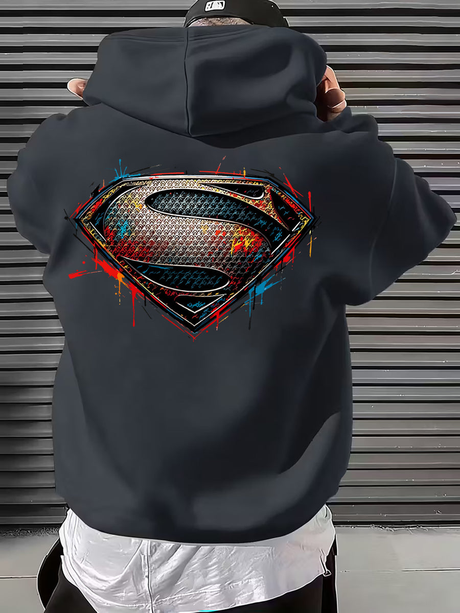 WB Men's & Unisex Superman S Logo Hoodie Sweater - Official Licensed Plush Hooded with Iconic Superman Print, Adjustable Drawstring Hood, Loose Fit for Winter Warmth, Machine Washable Casual Apparel Suitable for Autumn - Dark Gray