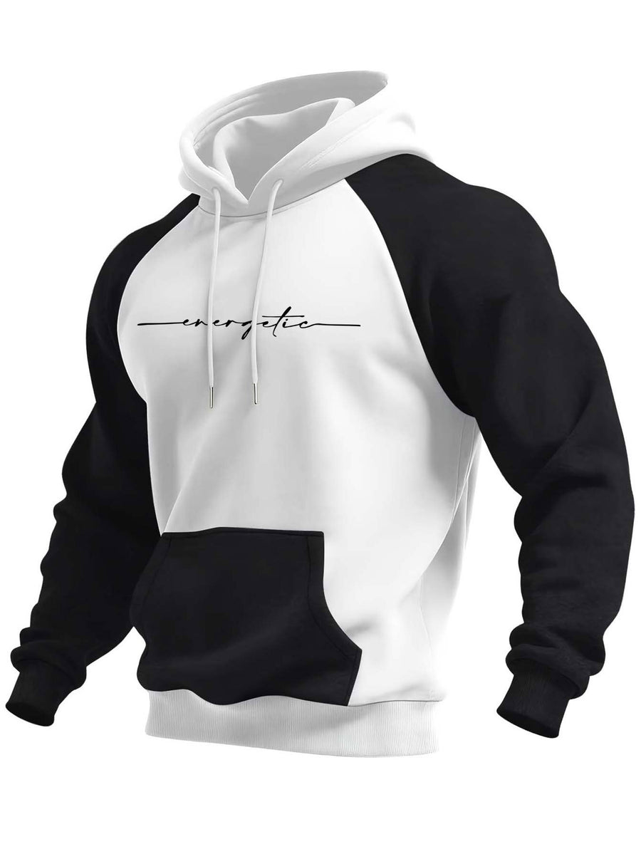 Men's Trendy Patchwork Print Hooded Sweatshirt, Casual Daily Wear Sporty Pullover, Autumn Essentials - Light White+Black Color