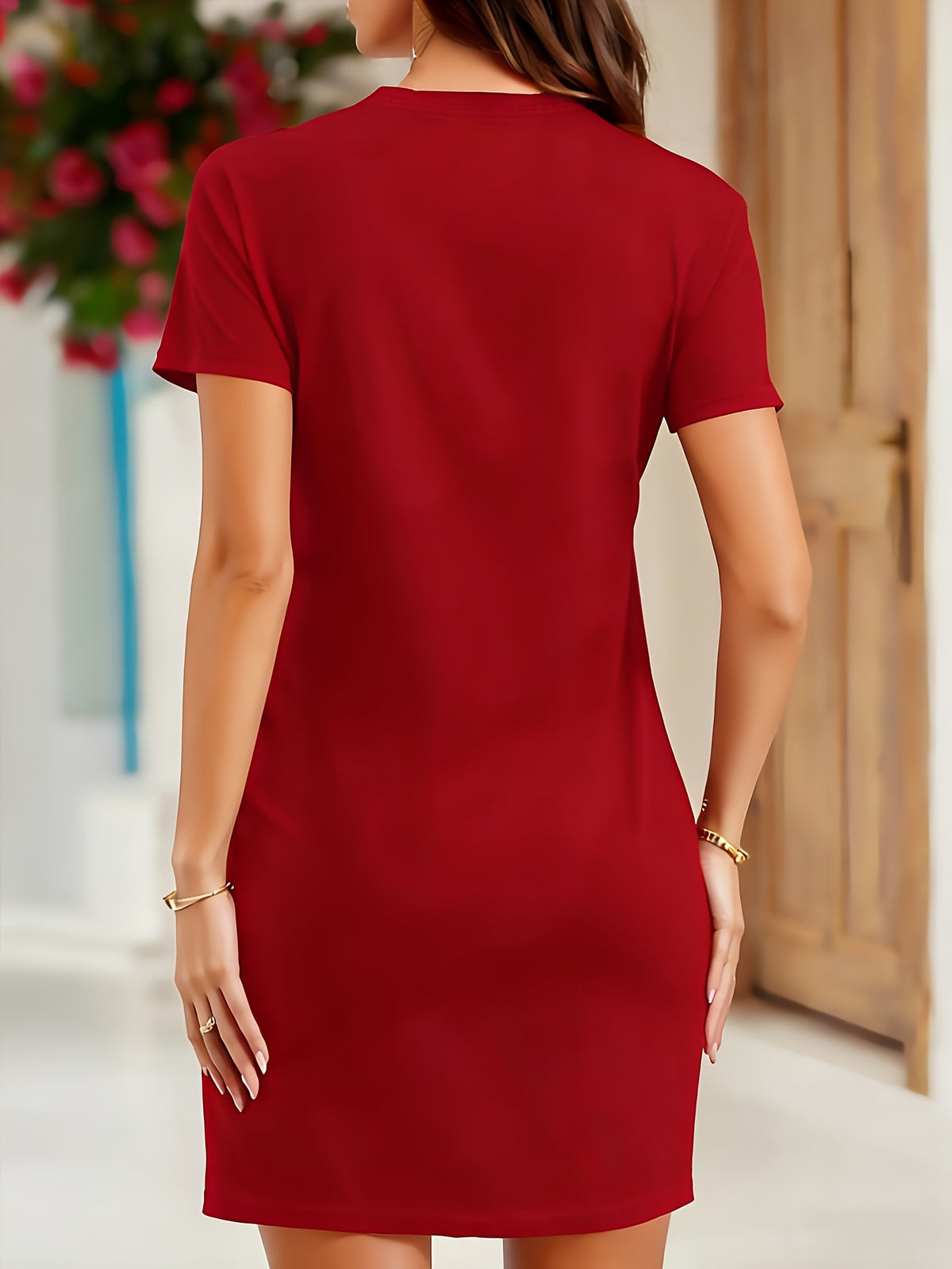 Calvin Women's Leopard Print T-Shirt Dress - Casual Short Sleeve Round Neck, Elastic Waist & Machine Washable, Spring Summer Daily Wear, Weekend Attire, Trendy Style, Comfortable Fabric, Women - The color of rouge