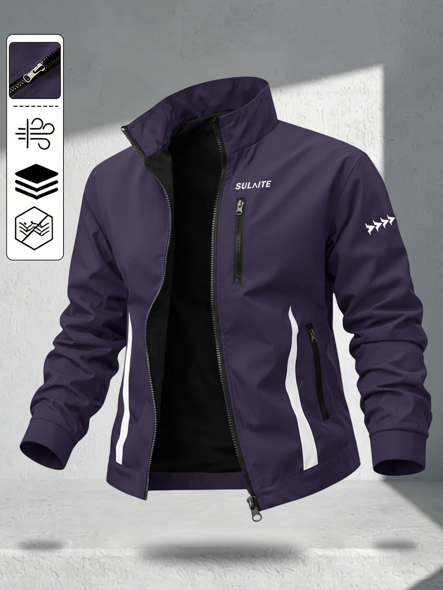 Trendy Vintage Men's Spring/Autumn New Casual Versatile Jacket Outdoor Sports Windproof Coat with Contrasting Color Stand Collar, Transitional Layering Essentials - Deep Purple