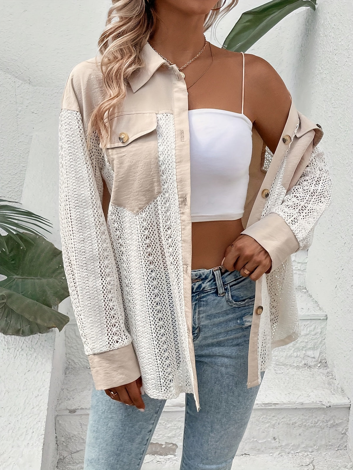 Elegant Semi-Sheer Lace Panel Blouse - Short Sleeve Collar Shirt Jacket-like Button Front, Black & White Two-Tone Pocket Design, Machine Washable Spring Summer Casual & Dressy Outerwear (No) - Mixed colors