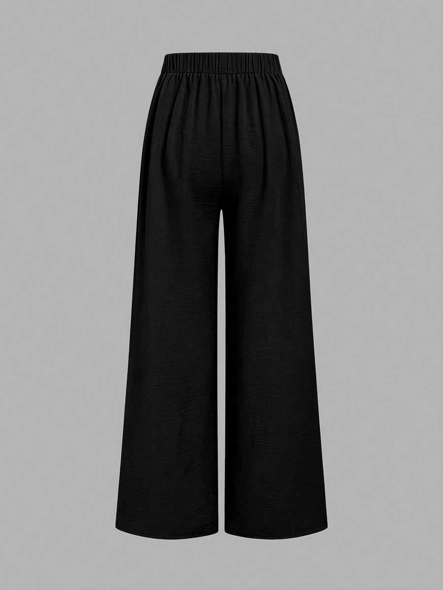 High-Waist Wide-Leg Pants, Women'S Summer Flared Skirt Design, Slim Elegant Commute Casual Trousers - Black