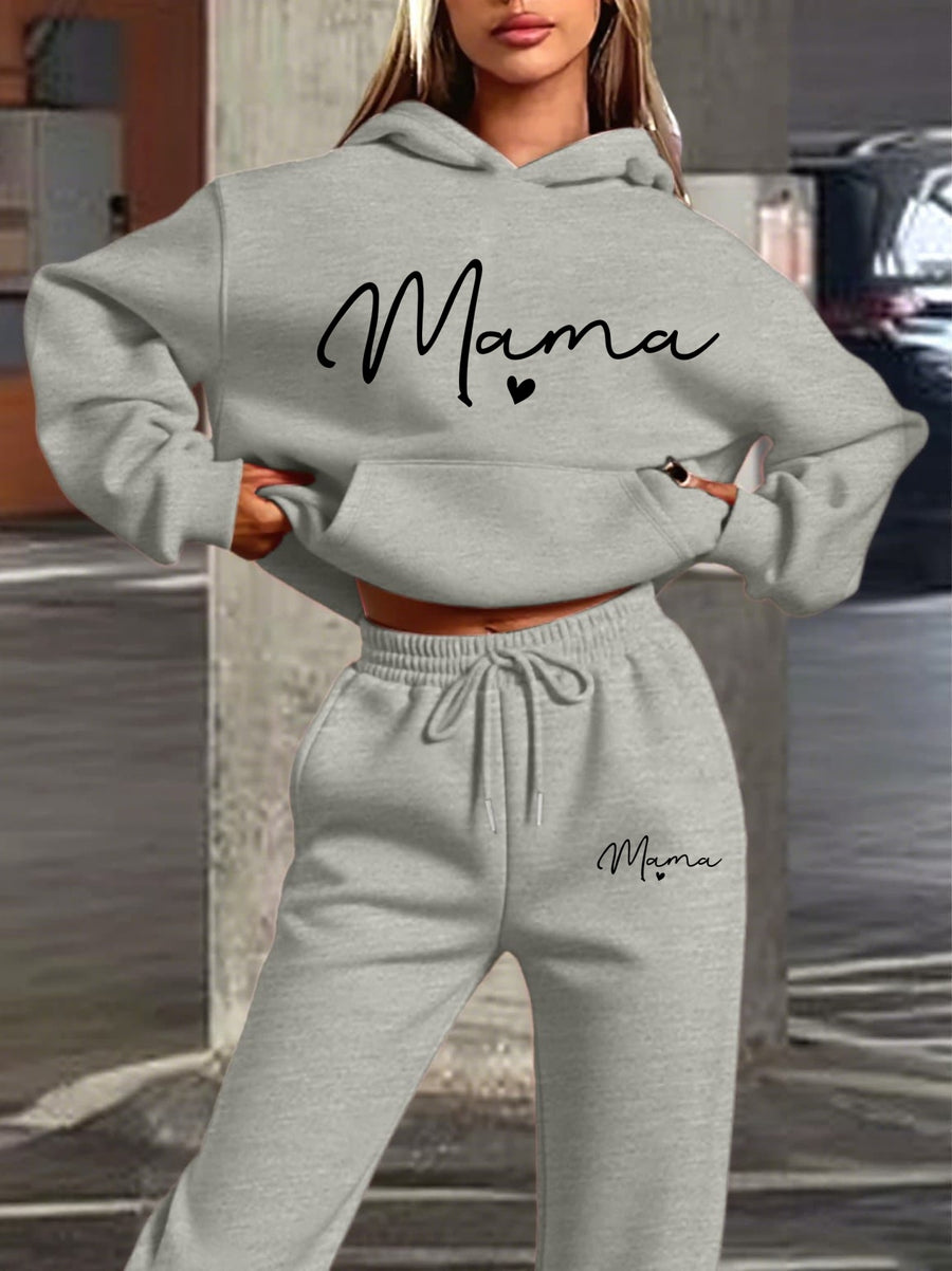 New Printed Women'S Hooded Sweatshirt And Long Pants Set, Hooded Long-Sleeved Casual Shirt Set, Casual Drawstring Sweatshirt. Loose Fit, Machine Washable, Comfortable All Season, Suitable for Daily Wear - Light Grey
