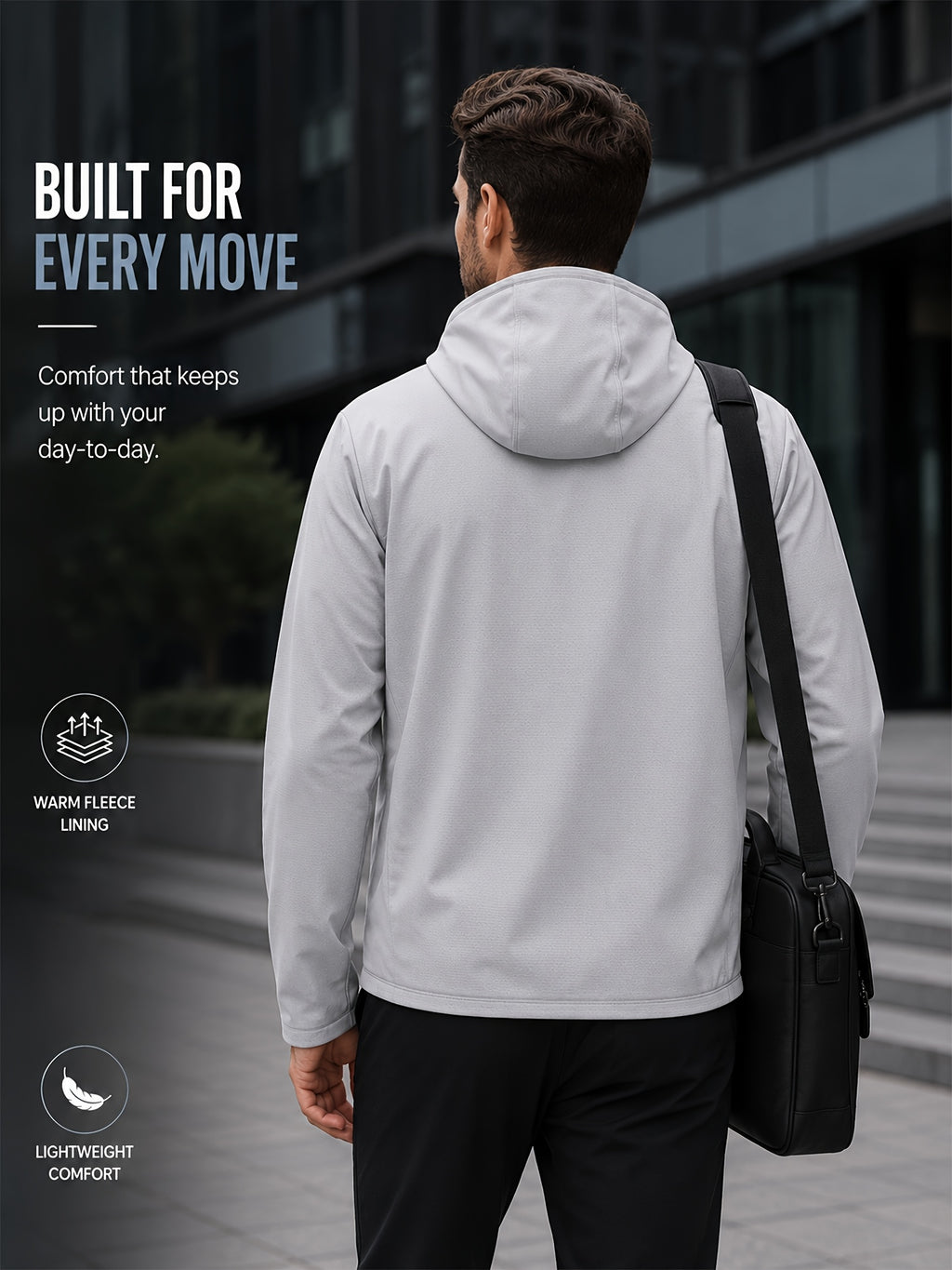 Men's Full-Zip -Lined Hooded Jacket, Lightweight Warm Softshell Outerwear, Men's Fashion Hoodie, Loose and Stretchy, Business Casual Outdoor Hoodie, Thermoregulating Top, Suitable for Office, Commuting, Travel, and Daily Autumn/Winter Wear - Light Silvery Grey
