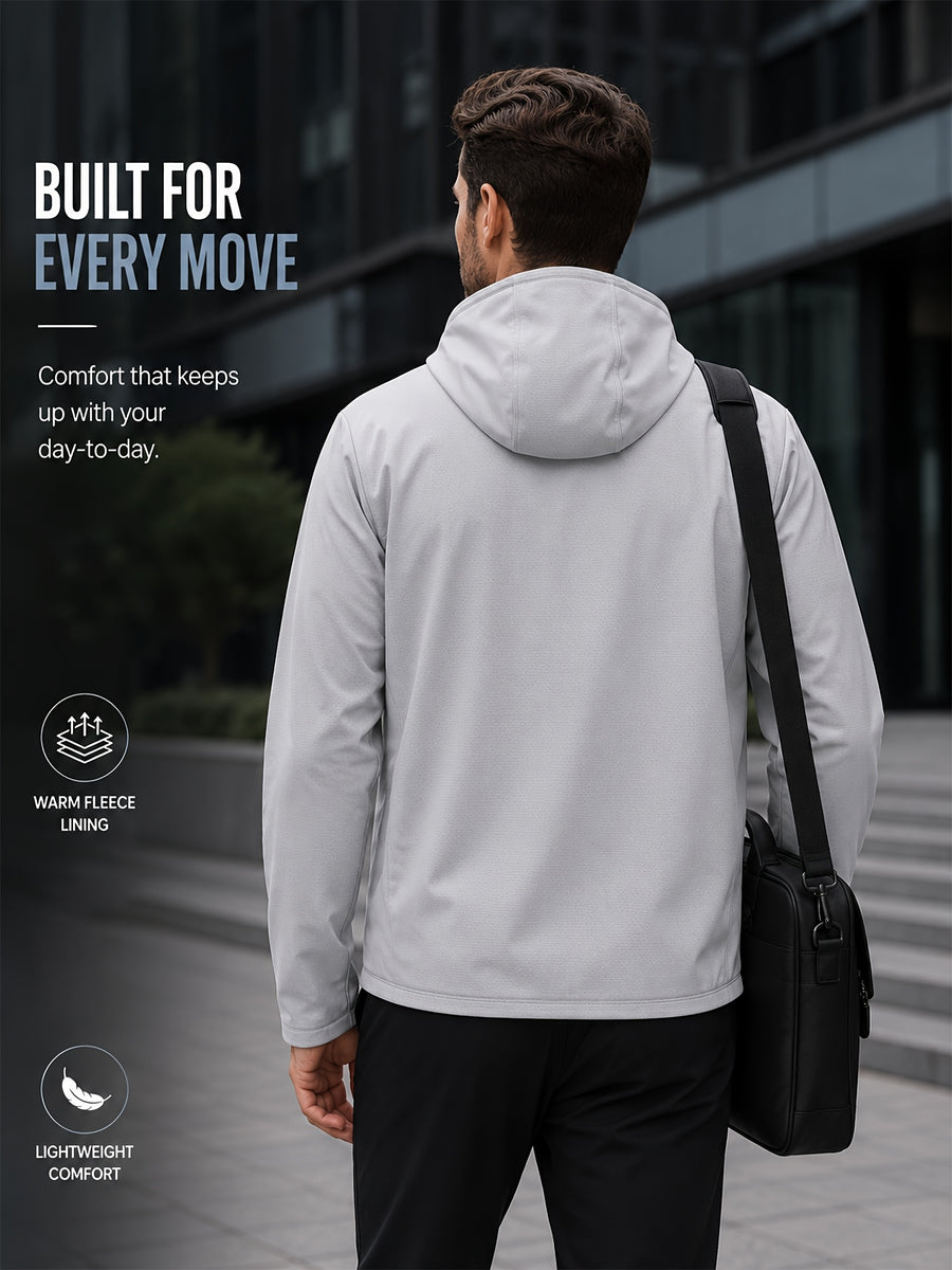 Men's Full-Zip -Lined Hooded Jacket, Lightweight Warm Softshell Outerwear, Men's Fashion Hoodie, Loose and Stretchy, Business Casual Outdoor Hoodie, Thermoregulating Top, Suitable for Office, Commuting, Travel, and Daily Autumn/Winter Wear - Light Silvery Grey