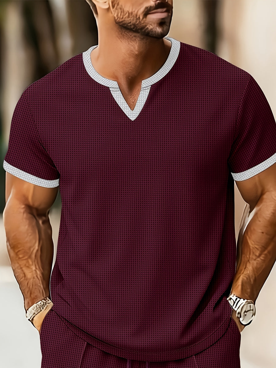 Men'S Solid Waffle Knit V-Neck Tee, Contrast Edge Short Sleeve Casual Daily T-Shirt - Burgundy