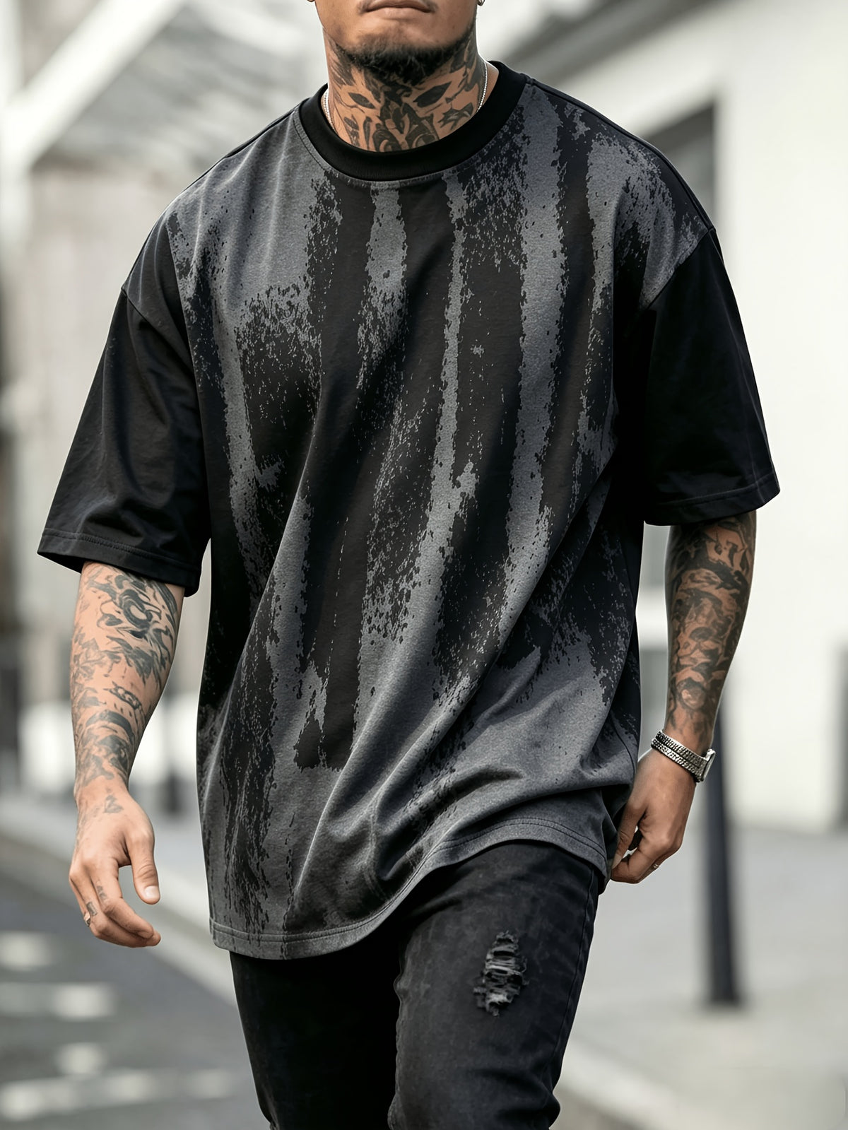 Men'S Oversized Drop Shoulder Crew Neck Short Sleeve T-Shirt, Vintage Faded Vertical Splash Print Elastic Loose Fit Hip Hop Streetwear Basic Tee, Breathable Relaxed Cut Summer Daily Outdoor Workout Casual Top for Men - Black