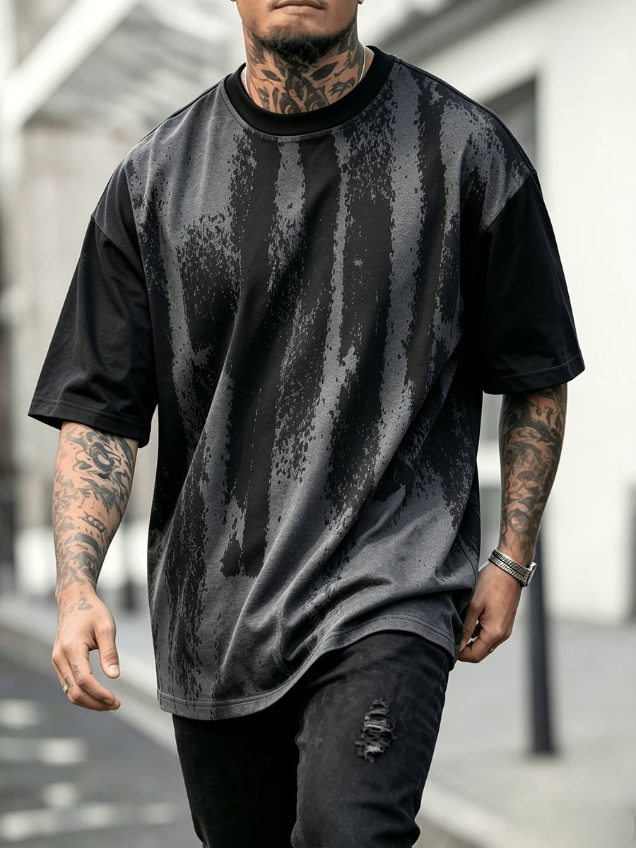 Men'S Oversized Drop Shoulder Crew Neck Short Sleeve T-Shirt, Vintage Faded Vertical Splash Print Elastic Loose Fit Hip Hop Streetwear Basic Tee, Breathable Relaxed Cut Summer Daily Outdoor Workout Casual Top for Men - Black