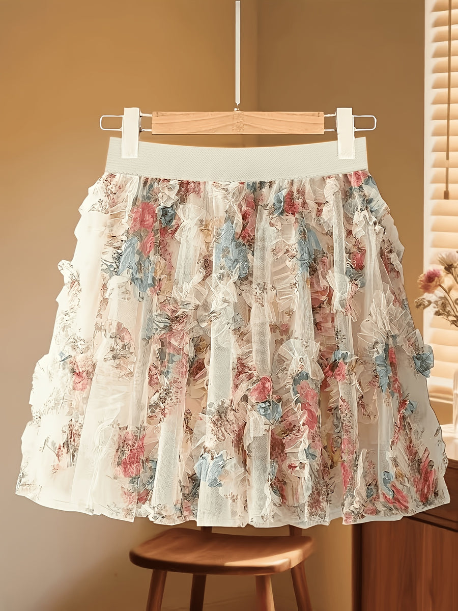 Women's Fashion Textured Printed Skirt, Romantic A-Line Double-Layer Midi Skirt, Elegant French-Style Elastic Waist Pencil Skirt, Suitable for Vacations, Dates, Commuting, and Other Occasions, Versatile Summer Skirt, Floral Skirt, Cute Skirt - Multicolor