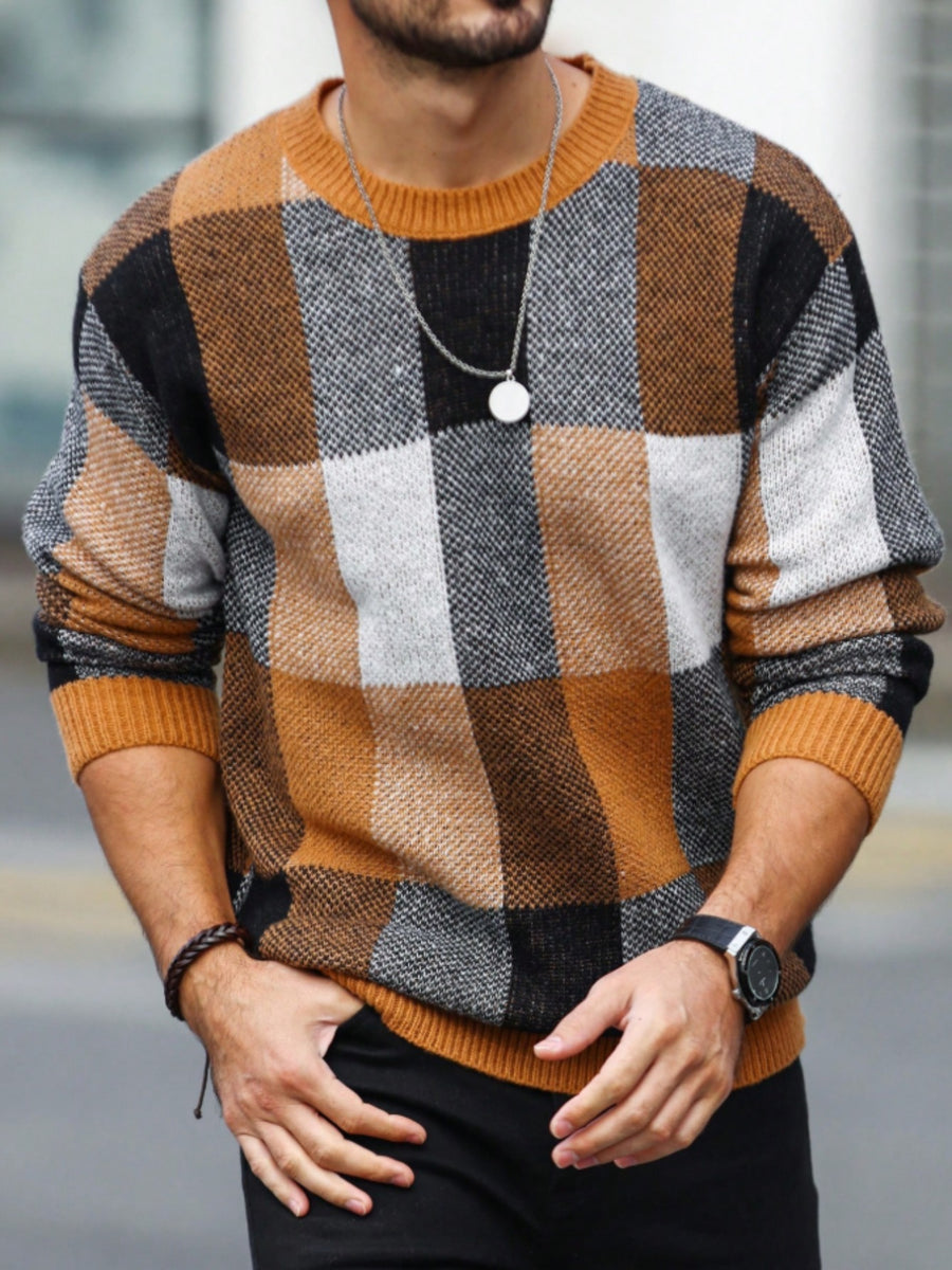 JANE DRESSINGLOG Men's Retro Casual Color Blocked Knitted Hoodie, Trendy Grid Color Block Splicing Long Sleeve Round Neck Warm Knitted Sweater, Suitable for Daily Street Commuting and Outing in Autumn and Winter - Orange