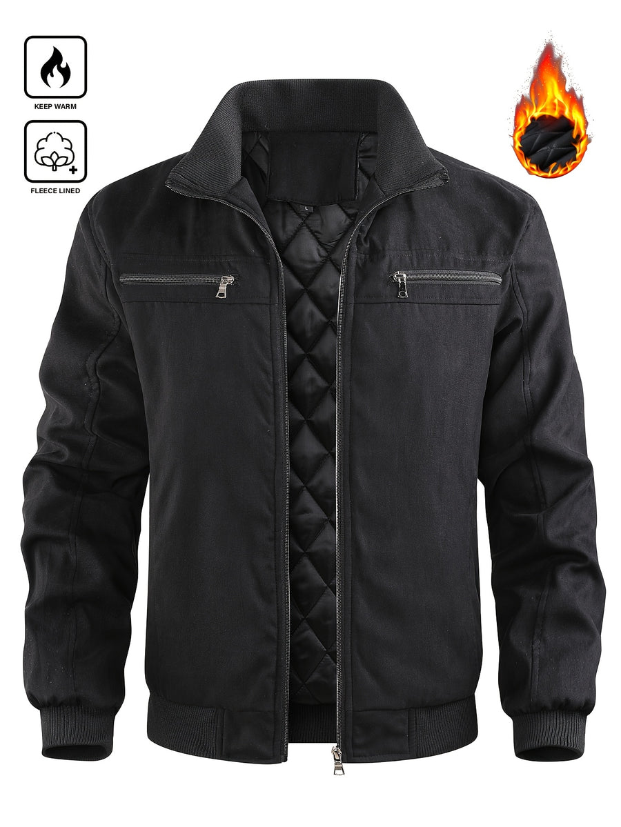 Men'S Pilot Thick Jacket, Padding Thick Jacket, Winter Warm Workwear Jacket, Stand-Up Collar Zipper Top, Multi-Pocket Casual Jacket, Outdoor Daily Jacket, Retro Workwear Men'S Clothing, Autumn And Winter Thick Flight Jacket - Black