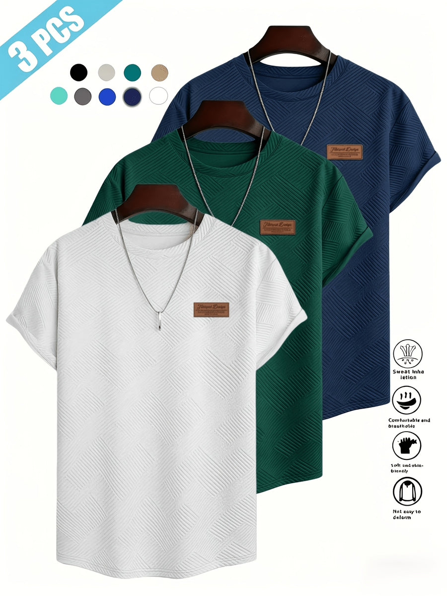 [Villa Le Water OBM] 3pcs Set Men'S Summer Fashion Round Neck T-Shirt, 3D Geometric Pattern Men'S Top, Comfortable And Versatile Short Sleeve, Suitable for Outdoor Street, Daily Casual, Outdoor Sports - White+Dark Green+Navy Blue
