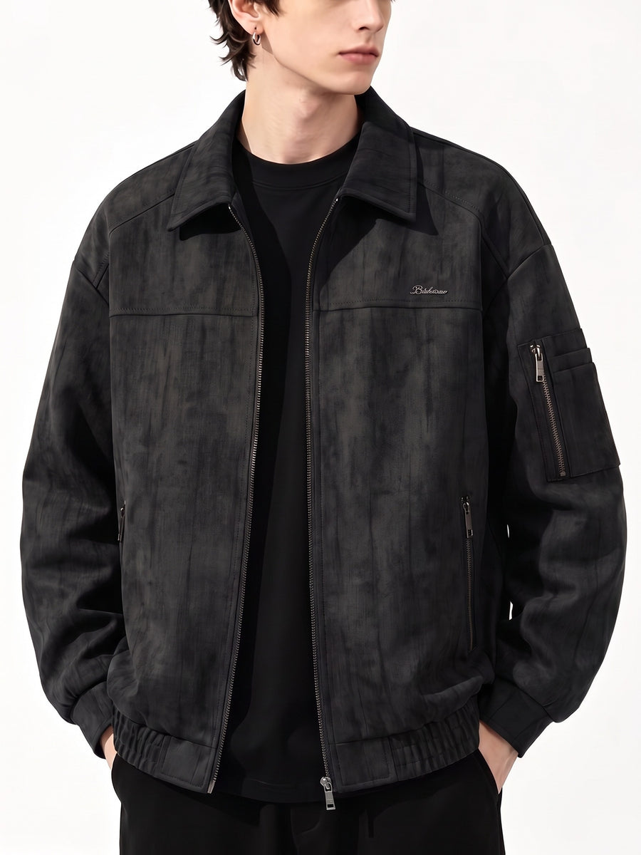 Men's Streetwear Workwear Style Lapel Jacket with Vintage Texture, Full-Zip Casual Outerwear, Multi-Zipper Practical Pocket Design, Regular Fit for Comfort and Versatility. This Casual Coat Is Suitable for All Occasions in Spring and Autumn - Black