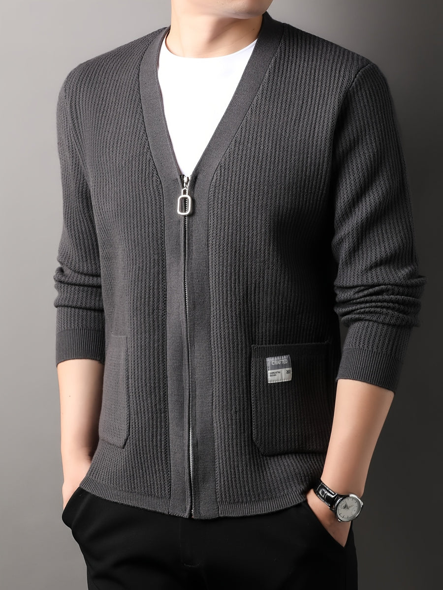 Men's Old Money Style Knit Cardigan Sweater Jacket - Solid Color V-Neck Zipper Front with Side Pocket, Open Front Zipper Suitable for Business Casual, Layering for Golf, Outdoor, Vacations, Spring/Autumn Wear, Versatile for Daily Outfits - Dark Gray