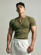 Men's Slim-Fit Henley Neck Knit Short-Sleeve T-Shirt. High-stretch Ribbed Fabric Accentuates Muscle Definition, Breathable and Sweat-wicking for a Non-stuffy Feel. Suitable for Multiple Occasions Including Fitness Training, Daily Commutes, Spring - Olive Green