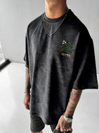 Printed Design - Not Textured: Tang Yunshu American Sporty Style Trendy Men's Japanese National Chic Printed Short Sleeve Shirt, Distressed Washed Finish + Exquisite Crane and Pine Tree Pattern, Crisp Wrinkle-Resistant and Wear-Resistant Fabric - Black