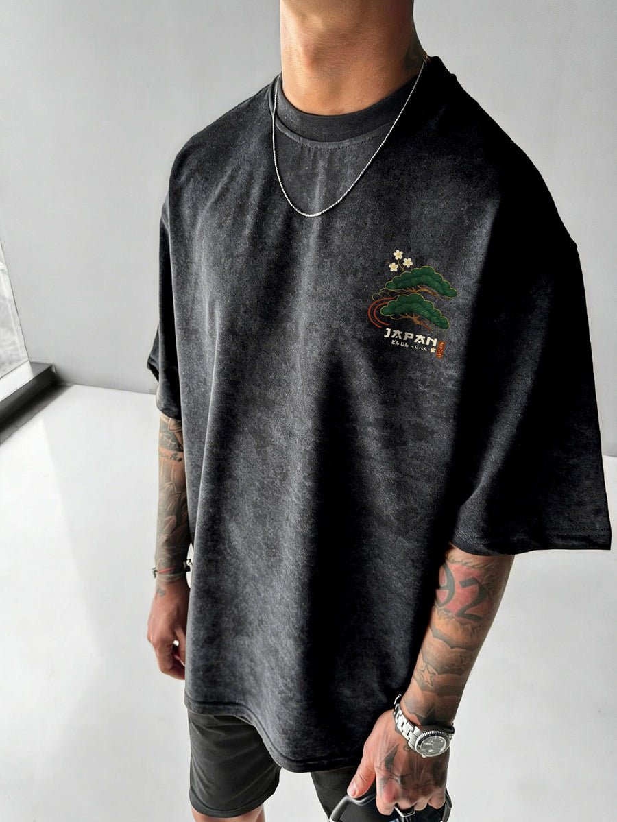 Printed Design - Not Textured: Tang Yunshu American Sporty Style Trendy Men's Japanese National Chic Printed Short Sleeve Shirt, Distressed Washed Finish + Exquisite Crane and Pine Tree Pattern, Crisp Wrinkle-Resistant and Wear-Resistant Fabric - Black
