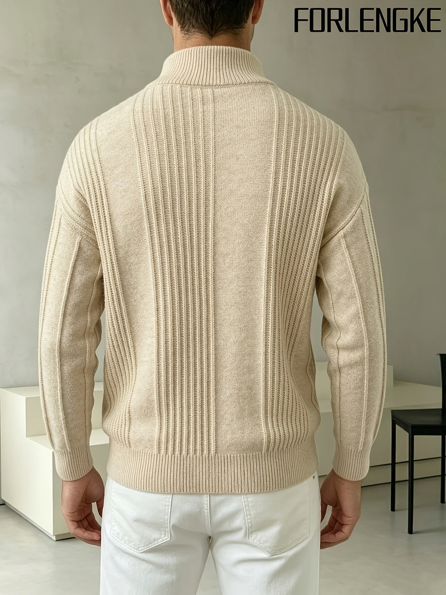 FORLENGKE Early Autumn New Arrival Men's Italian-Style Minimalist Formal Knit Stand Collar Cardigan, Zipper Open Front for Layering with Inner Wear, Autumn/Winter Golf, Casual, Office Commute, Shopping, Market Strolling, Daily Wear Top - Beige Yellow