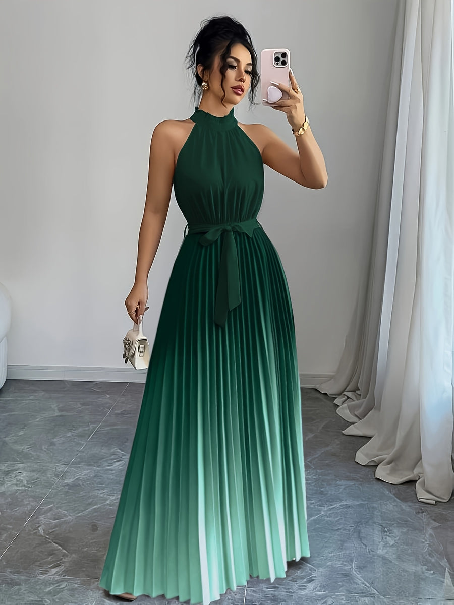Elegant Romantic Ruffled Neckline And Waist Tie A-Line Pleated Gradient Maxi Dress - Gradient Green